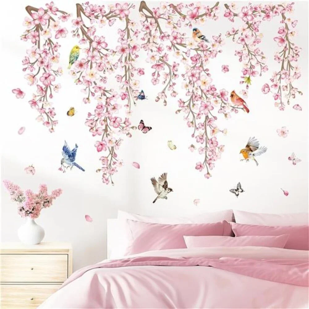 Cherry Blossom Wall Stickers Flower Vine Birds Peel and Stick Wall Decals Bedroo
